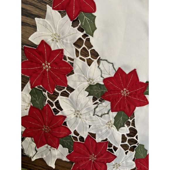 Poinsettia Scalloped Embroidered Tablecloth 80”x56” - Picture 2 of 3